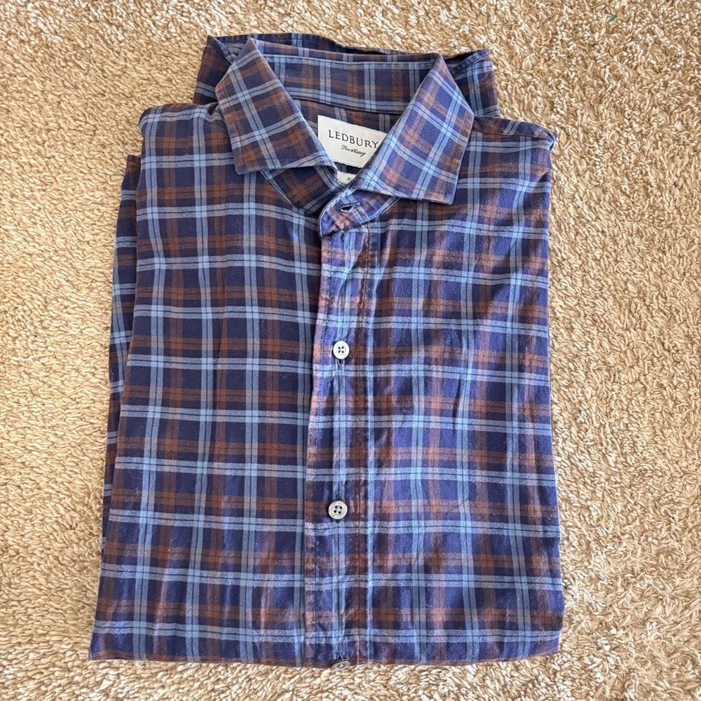 Ledbury Slim Fit Dark Blue and Brown CheckPrint Button Up Dress Shirt Size Large
